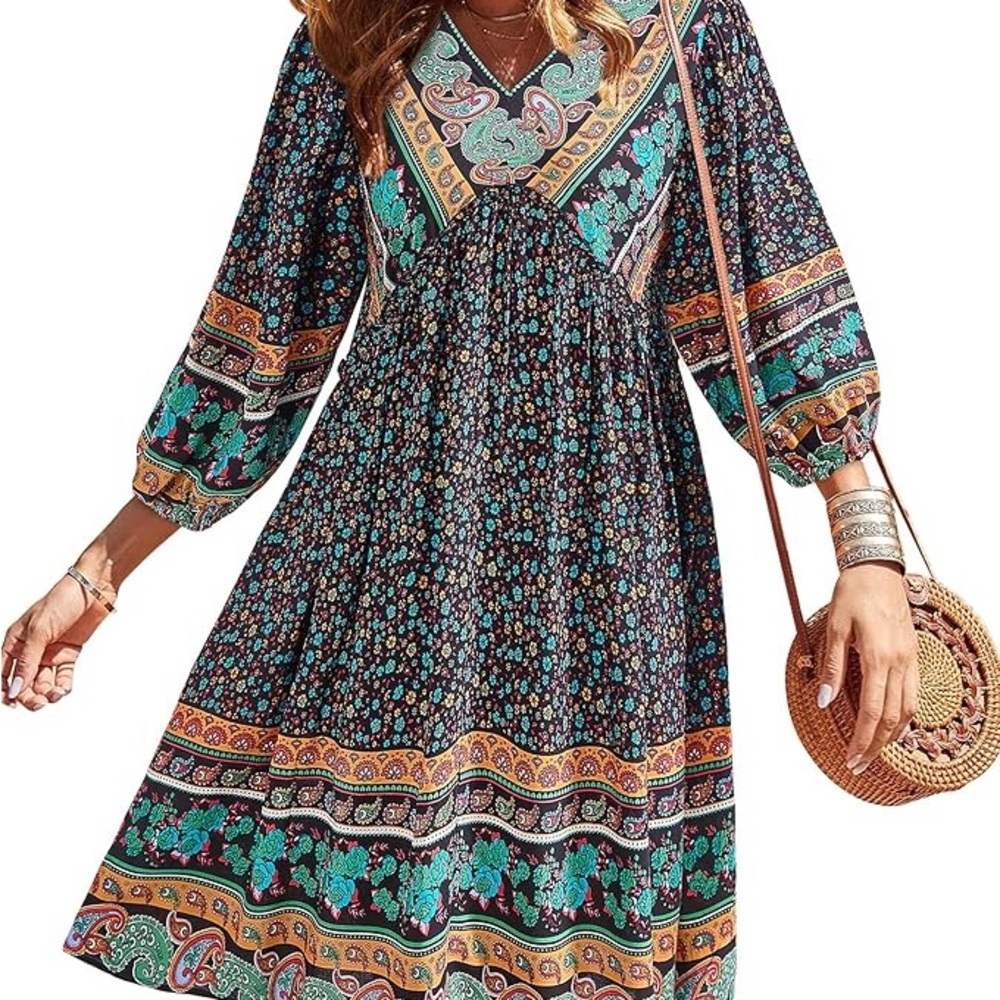 BTFBM Blue and Black V-Neck Sundress with 3/4 Sleeves - SIZE: XL